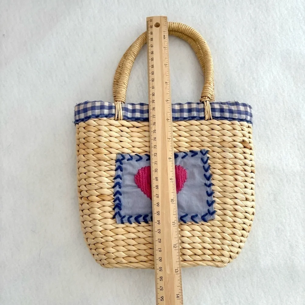 Vintage Patch Knit Pink + Purple Heart Gingham Straw Mini Bag Purse Tote - Picture 3 of 5